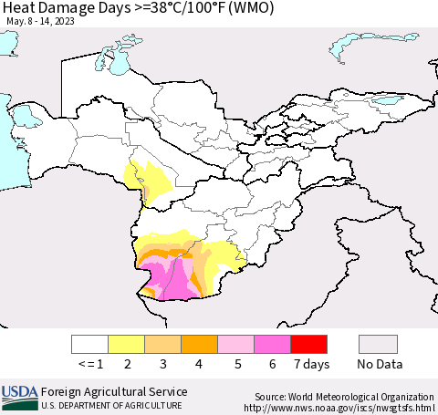 Central Asia Heat Damage Days >=38°C/100°F (WMO) Thematic Map For 5/8/2023 - 5/14/2023