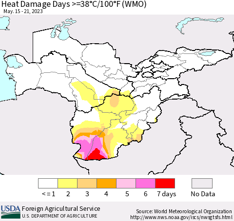 Central Asia Heat Damage Days >=38°C/100°F (WMO) Thematic Map For 5/15/2023 - 5/21/2023
