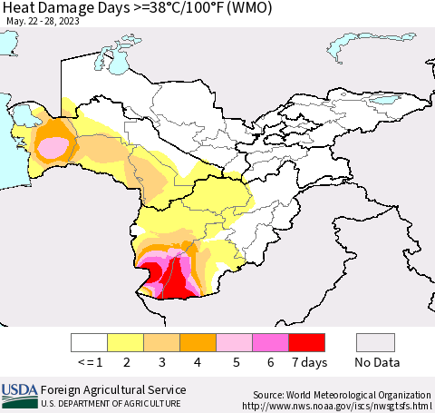 Central Asia Heat Damage Days >=38°C/100°F (WMO) Thematic Map For 5/22/2023 - 5/28/2023