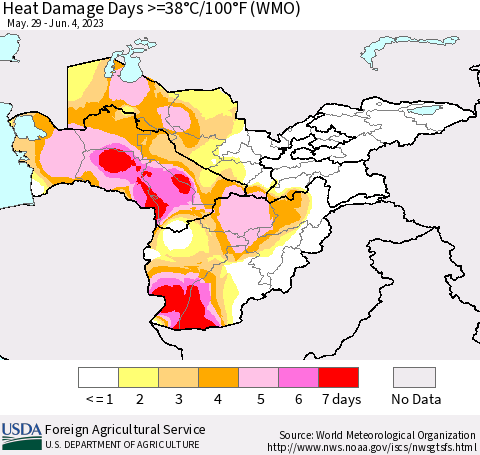 Central Asia Heat Damage Days >=38°C/100°F (WMO) Thematic Map For 5/29/2023 - 6/4/2023