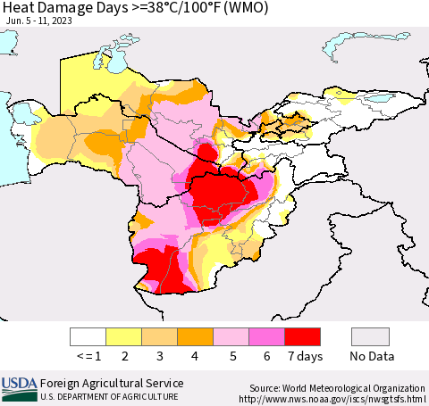 Central Asia Heat Damage Days >=38°C/100°F (WMO) Thematic Map For 6/5/2023 - 6/11/2023