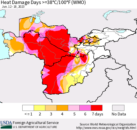 Central Asia Heat Damage Days >=38°C/100°F (WMO) Thematic Map For 6/12/2023 - 6/18/2023
