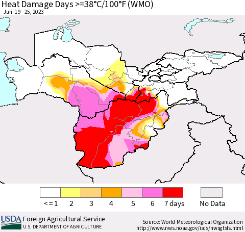 Central Asia Heat Damage Days >=38°C/100°F (WMO) Thematic Map For 6/19/2023 - 6/25/2023