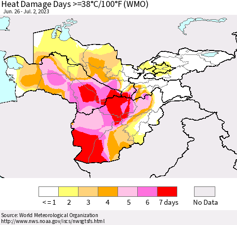 Central Asia Heat Damage Days >=38°C/100°F (WMO) Thematic Map For 6/26/2023 - 7/2/2023