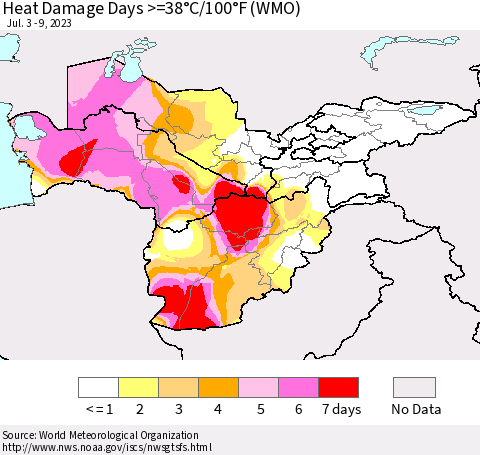 Central Asia Heat Damage Days >=38°C/100°F (WMO) Thematic Map For 7/3/2023 - 7/9/2023