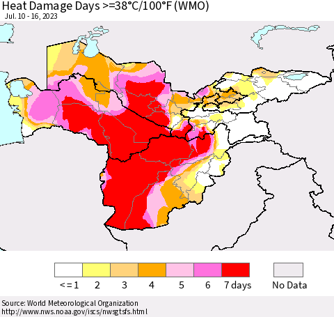 Central Asia Heat Damage Days >=38°C/100°F (WMO) Thematic Map For 7/10/2023 - 7/16/2023