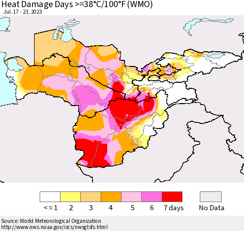 Central Asia Heat Damage Days >=38°C/100°F (WMO) Thematic Map For 7/17/2023 - 7/23/2023