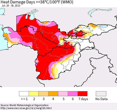 Central Asia Heat Damage Days >=38°C/100°F (WMO) Thematic Map For 7/24/2023 - 7/30/2023