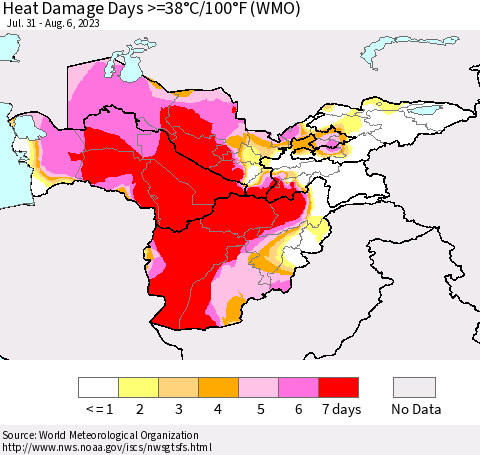 Central Asia Heat Damage Days >=38°C/100°F (WMO) Thematic Map For 7/31/2023 - 8/6/2023
