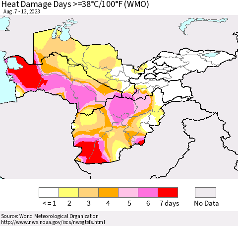 Central Asia Heat Damage Days >=38°C/100°F (WMO) Thematic Map For 8/7/2023 - 8/13/2023