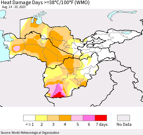 Central Asia Heat Damage Days >=38°C/100°F (WMO) Thematic Map For 8/14/2023 - 8/20/2023