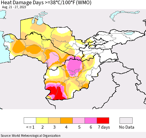 Central Asia Heat Damage Days >=38°C/100°F (WMO) Thematic Map For 8/21/2023 - 8/27/2023