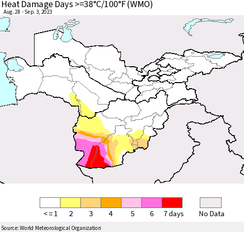 Central Asia Heat Damage Days >=38°C/100°F (WMO) Thematic Map For 8/28/2023 - 9/3/2023