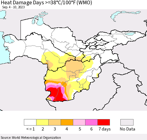 Central Asia Heat Damage Days >=38°C/100°F (WMO) Thematic Map For 9/4/2023 - 9/10/2023