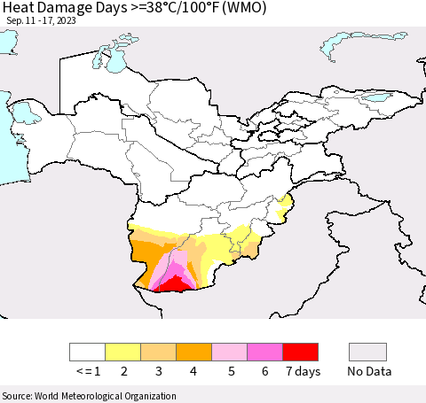 Central Asia Heat Damage Days >=38°C/100°F (WMO) Thematic Map For 9/11/2023 - 9/17/2023