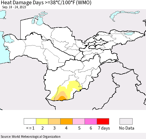 Central Asia Heat Damage Days >=38°C/100°F (WMO) Thematic Map For 9/18/2023 - 9/24/2023