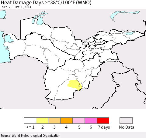 Central Asia Heat Damage Days >=38°C/100°F (WMO) Thematic Map For 9/25/2023 - 10/1/2023