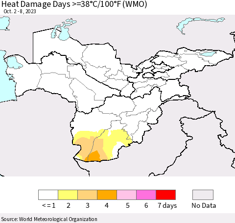 Central Asia Heat Damage Days >=38°C/100°F (WMO) Thematic Map For 10/2/2023 - 10/8/2023