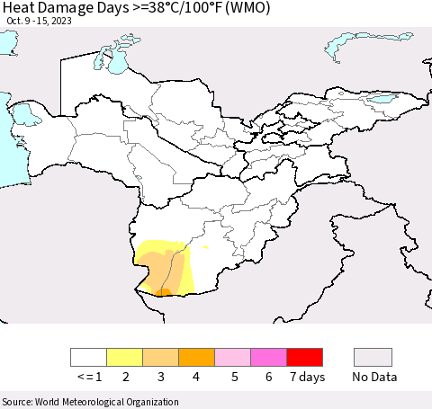 Central Asia Heat Damage Days >=38°C/100°F (WMO) Thematic Map For 10/9/2023 - 10/15/2023