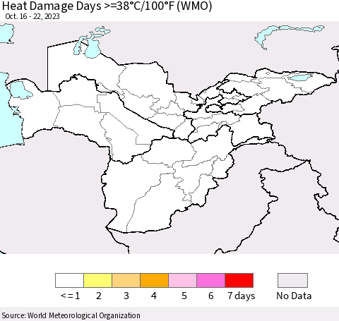Central Asia Heat Damage Days >=38°C/100°F (WMO) Thematic Map For 10/16/2023 - 10/22/2023