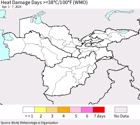 Central Asia Heat Damage Days >=38°C/100°F (WMO) Thematic Map For 4/1/2024 - 4/7/2024