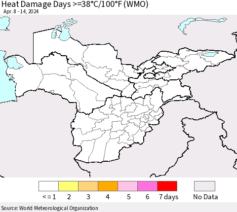 Central Asia Heat Damage Days >=38°C/100°F (WMO) Thematic Map For 4/8/2024 - 4/14/2024