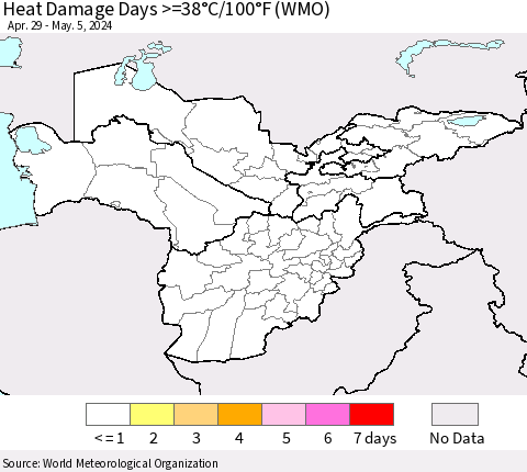 Central Asia Heat Damage Days >=38°C/100°F (WMO) Thematic Map For 4/29/2024 - 5/5/2024