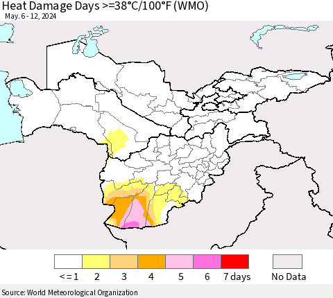 Central Asia Heat Damage Days >=38°C/100°F (WMO) Thematic Map For 5/6/2024 - 5/12/2024