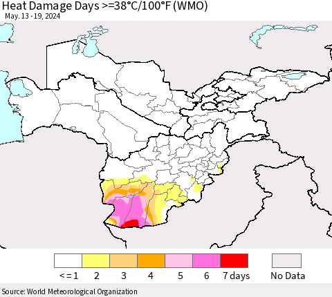 Central Asia Heat Damage Days >=38°C/100°F (WMO) Thematic Map For 5/13/2024 - 5/19/2024