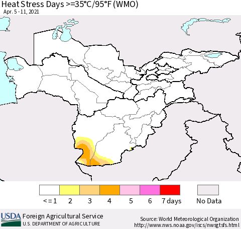 Central Asia Heat Stress Days >=35°C/95°F (WMO) Thematic Map For 4/5/2021 - 4/11/2021