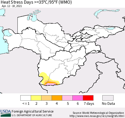 Central Asia Heat Stress Days >=35°C/95°F (WMO) Thematic Map For 4/12/2021 - 4/18/2021