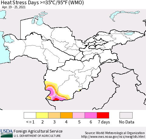 Central Asia Heat Stress Days >=35°C/95°F (WMO) Thematic Map For 4/19/2021 - 4/25/2021