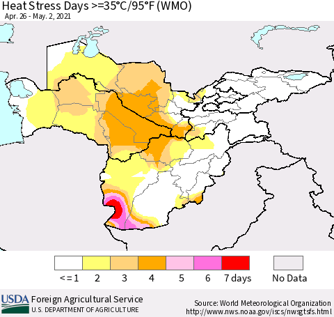 Central Asia Heat Stress Days >=35°C/95°F (WMO) Thematic Map For 4/26/2021 - 5/2/2021