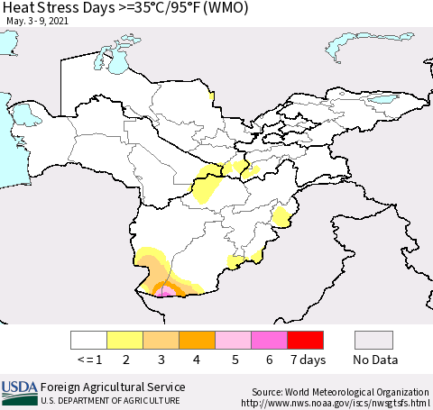 Central Asia Heat Stress Days >=35°C/95°F (WMO) Thematic Map For 5/3/2021 - 5/9/2021