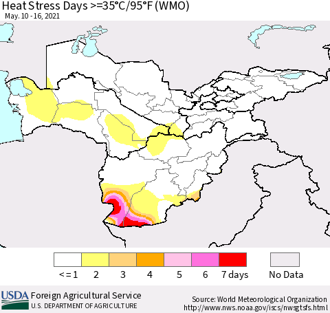 Central Asia Heat Stress Days >=35°C/95°F (WMO) Thematic Map For 5/10/2021 - 5/16/2021
