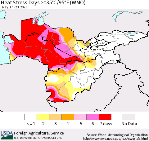 Central Asia Heat Stress Days >=35°C/95°F (WMO) Thematic Map For 5/17/2021 - 5/23/2021