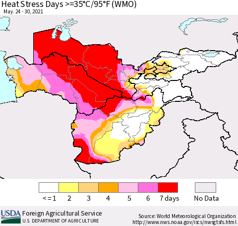 Central Asia Heat Stress Days >=35°C/95°F (WMO) Thematic Map For 5/24/2021 - 5/30/2021