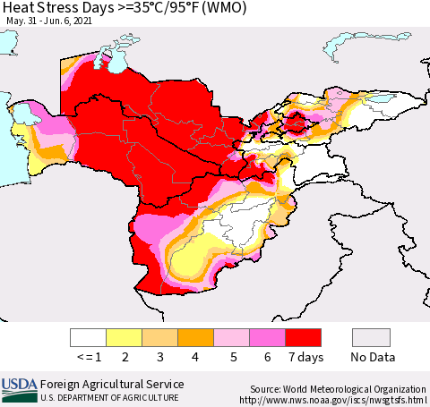 Central Asia Heat Stress Days >=35°C/95°F (WMO) Thematic Map For 5/31/2021 - 6/6/2021