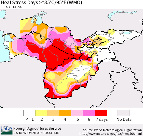 Central Asia Heat Stress Days >=35°C/95°F (WMO) Thematic Map For 6/7/2021 - 6/13/2021