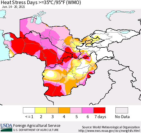 Central Asia Heat Stress Days >=35°C/95°F (WMO) Thematic Map For 6/14/2021 - 6/20/2021