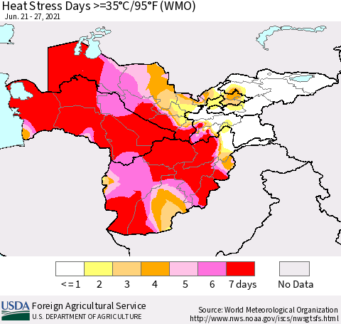 Central Asia Heat Stress Days >=35°C/95°F (WMO) Thematic Map For 6/21/2021 - 6/27/2021