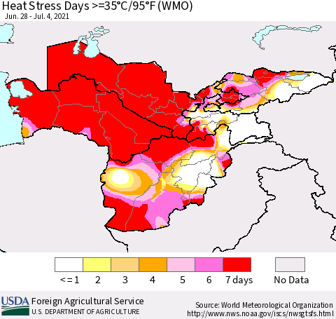 Central Asia Heat Stress Days >=35°C/95°F (WMO) Thematic Map For 6/28/2021 - 7/4/2021