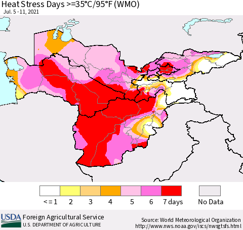 Central Asia Heat Stress Days >=35°C/95°F (WMO) Thematic Map For 7/5/2021 - 7/11/2021