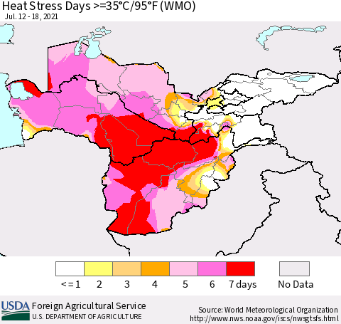 Central Asia Heat Stress Days >=35°C/95°F (WMO) Thematic Map For 7/12/2021 - 7/18/2021
