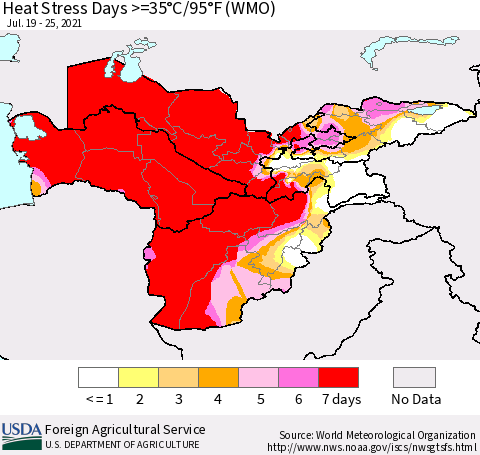Central Asia Heat Stress Days >=35°C/95°F (WMO) Thematic Map For 7/19/2021 - 7/25/2021