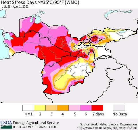 Central Asia Heat Stress Days >=35°C/95°F (WMO) Thematic Map For 7/26/2021 - 8/1/2021