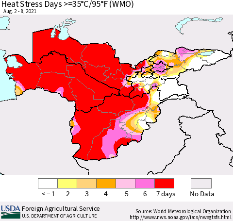 Central Asia Heat Stress Days >=35°C/95°F (WMO) Thematic Map For 8/2/2021 - 8/8/2021