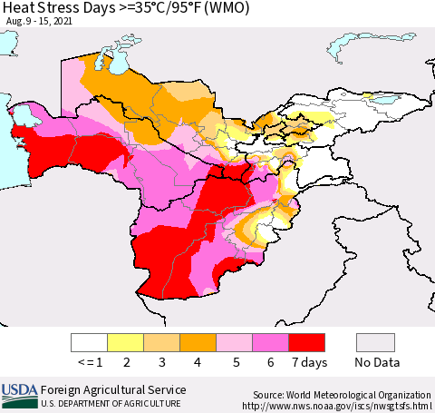 Central Asia Heat Stress Days >=35°C/95°F (WMO) Thematic Map For 8/9/2021 - 8/15/2021