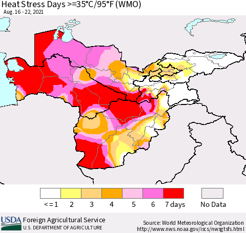 Central Asia Heat Stress Days >=35°C/95°F (WMO) Thematic Map For 8/16/2021 - 8/22/2021