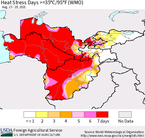 Central Asia Heat Stress Days >=35°C/95°F (WMO) Thematic Map For 8/23/2021 - 8/29/2021